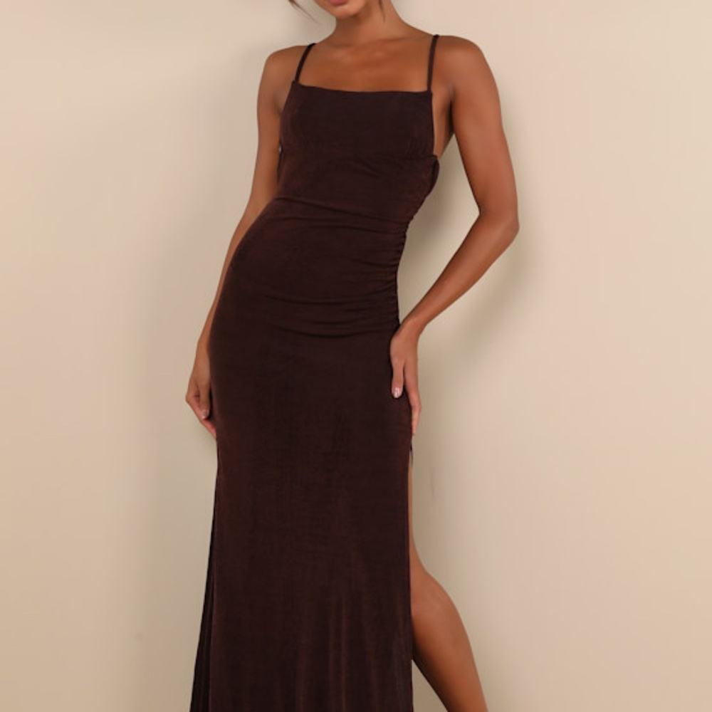 Lulus Complete Catch Brown Backless Lace Ruched Maxi Dress - Size L
